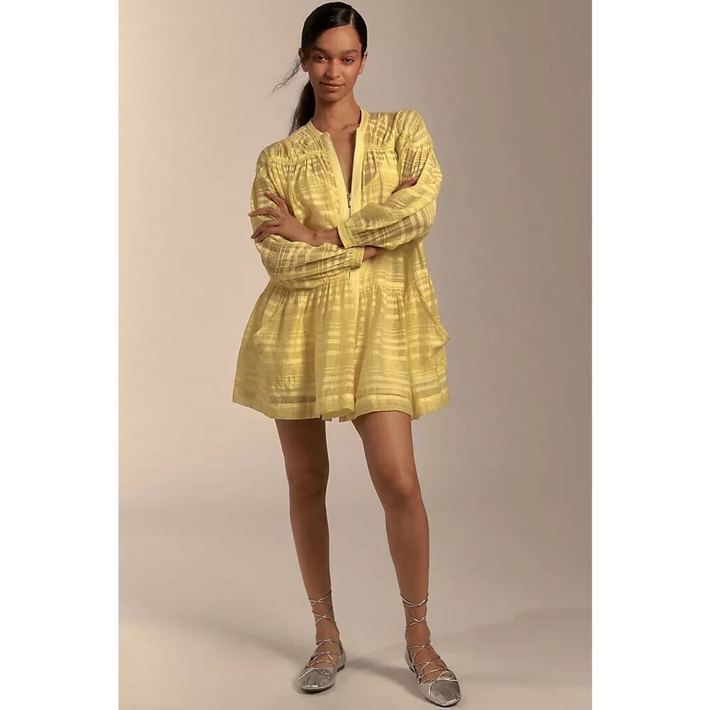 NWT By Anthropologie Long-Sleeve Zip-Front Oversize Mini Dress Sz L Yellow ND470